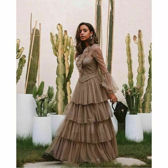 Sandra Mansour x H&M Polka Dot Tulle Tiered Ruffle Midi Dress Sheer Sleeves XS - Picture 2 of 6